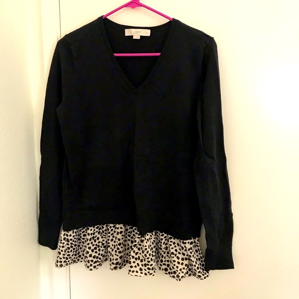 LOFT Black V Neck Sweater with Chiffon Ruffle